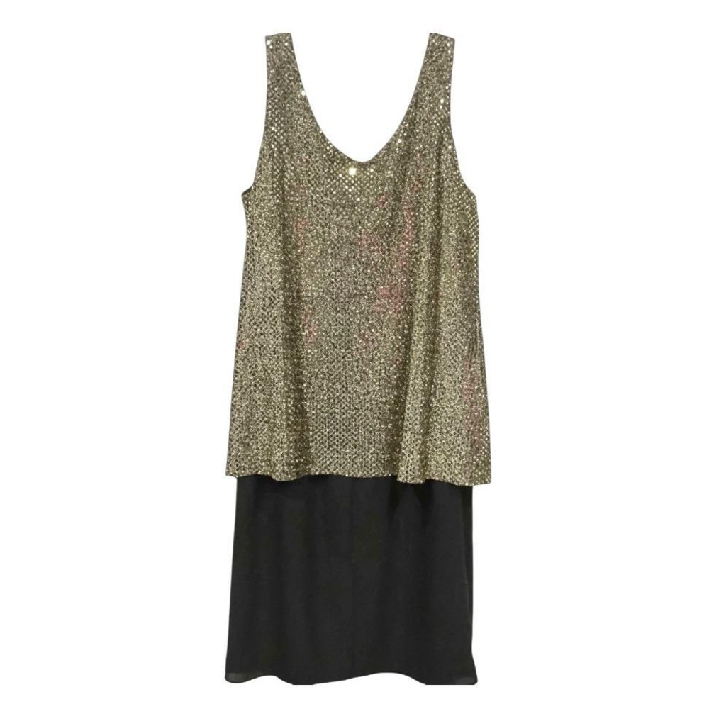 Vtg PATRA Cocktail Dress TANK SHIFT Layered Gold Sequins & Black Chiffon Size 14
